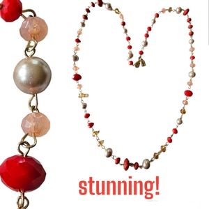 ⭐️ CHAPS Long Beaded Necklace Orange Red Coral Faux Pearl #12-20